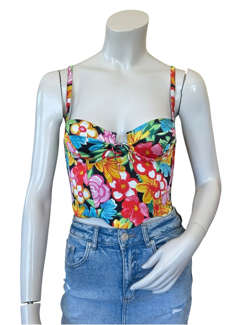 For Love & Lemons Mallory Black & Multicolor Floral Bustier Corset Crop Top XS